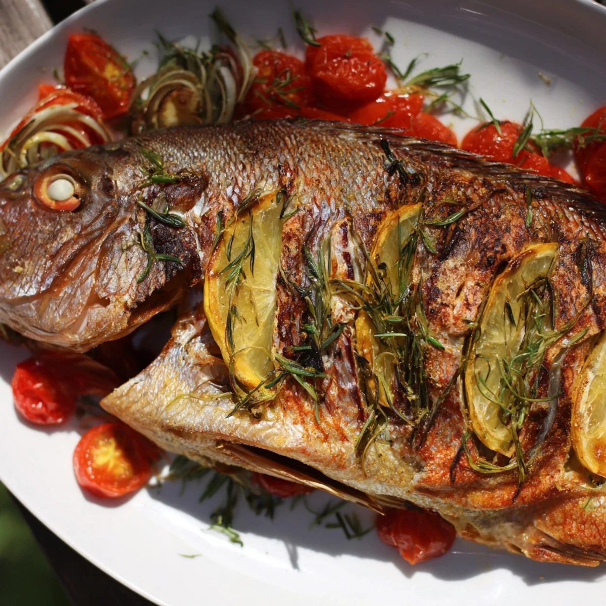 Freshly baked sea bream glistening with olive oil, herbs, and lemon, ready to be served.