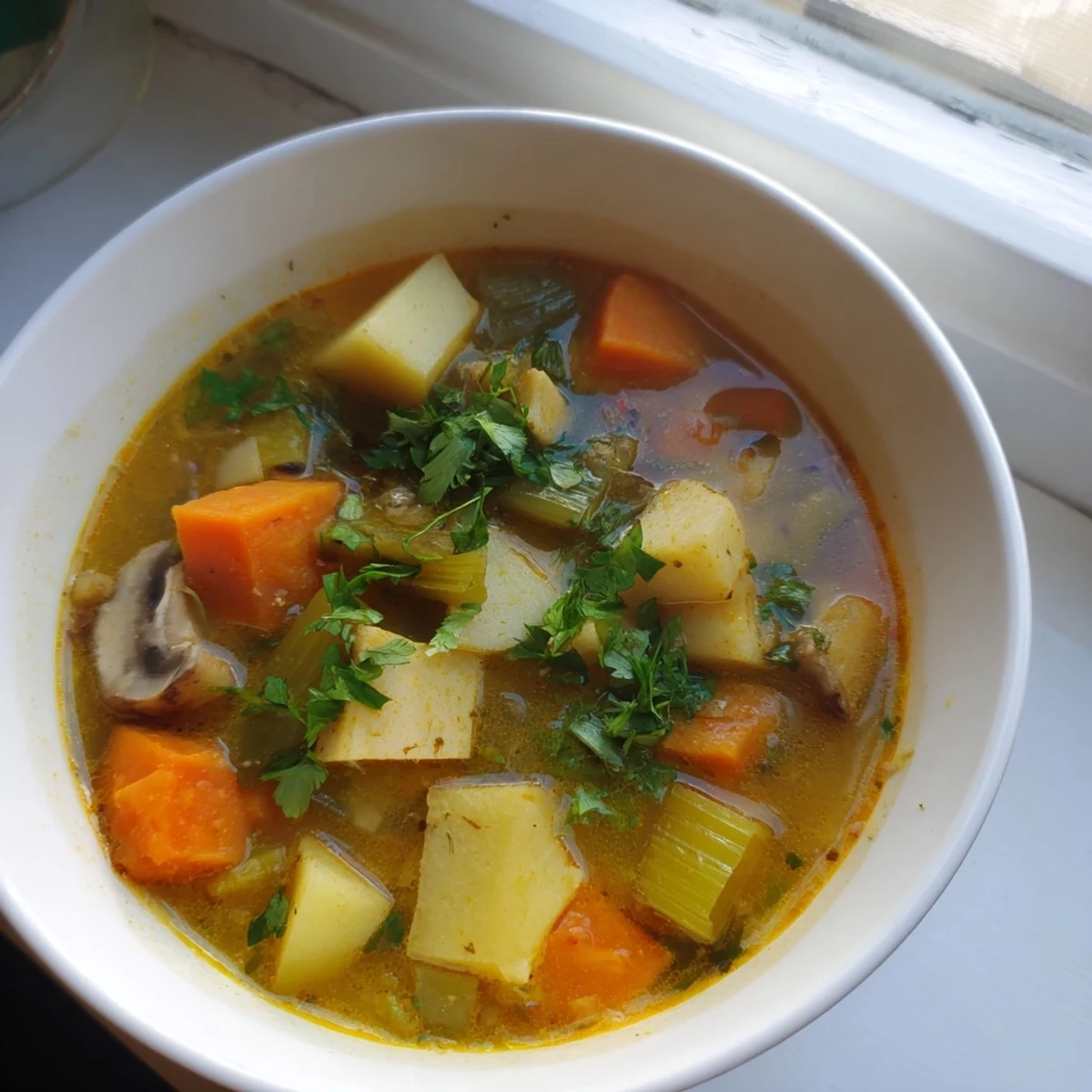 Steaming bowl of hearty vegetable broth, fragrant with herbs and vegetables, ready to eat.
