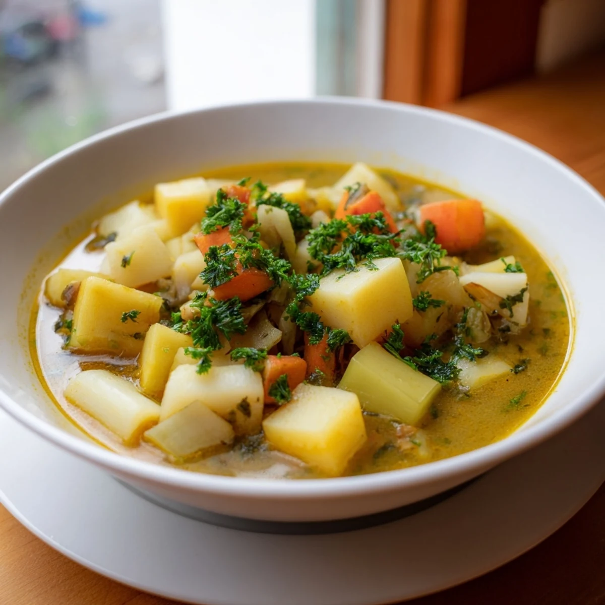 Golden-hued delicious Hearty Vegetable Broth, simmering gently, with visible carrots and celery.