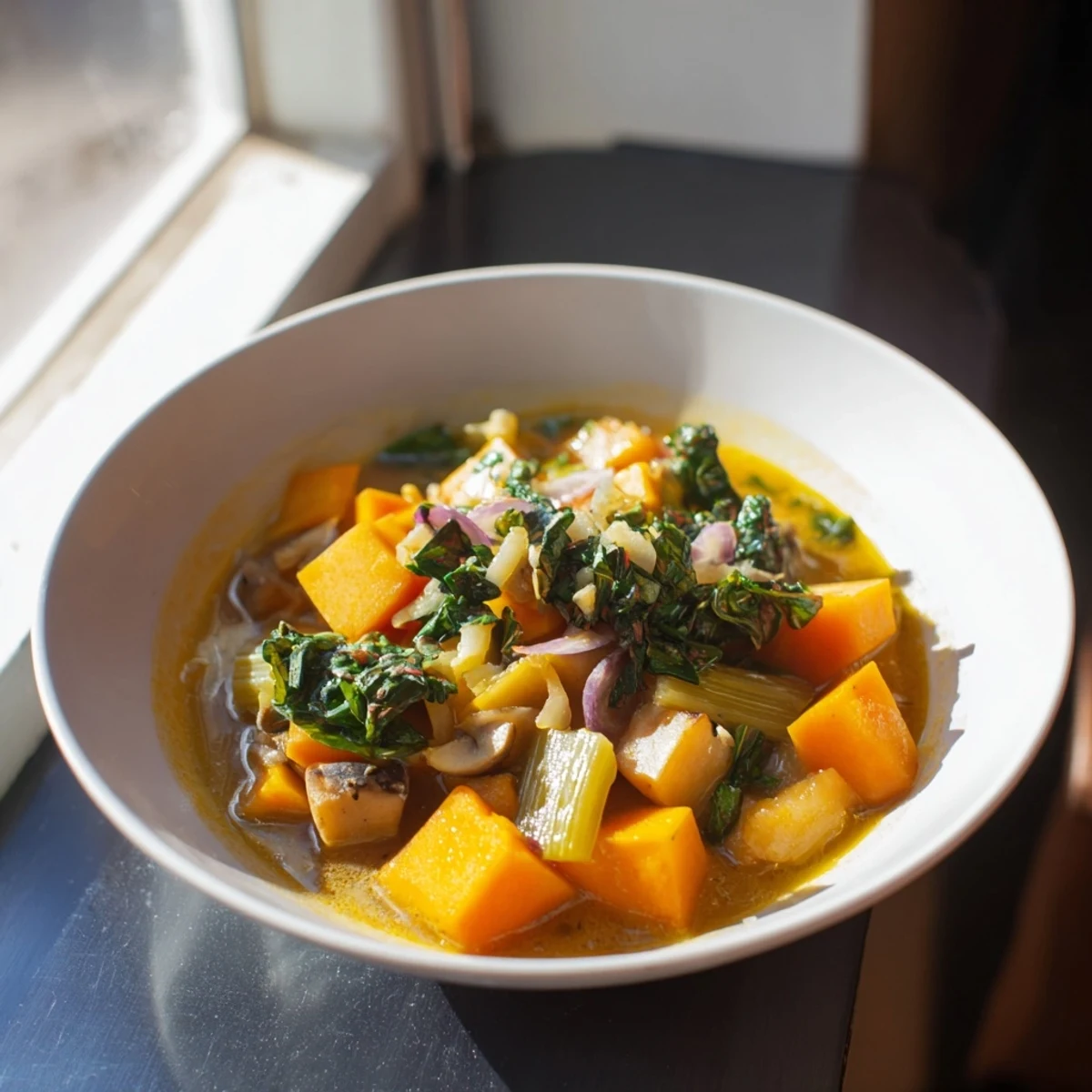 A flavorful, clear view of the Hearty Vegetable Broth, a vegan soup full of fresh ingredients.