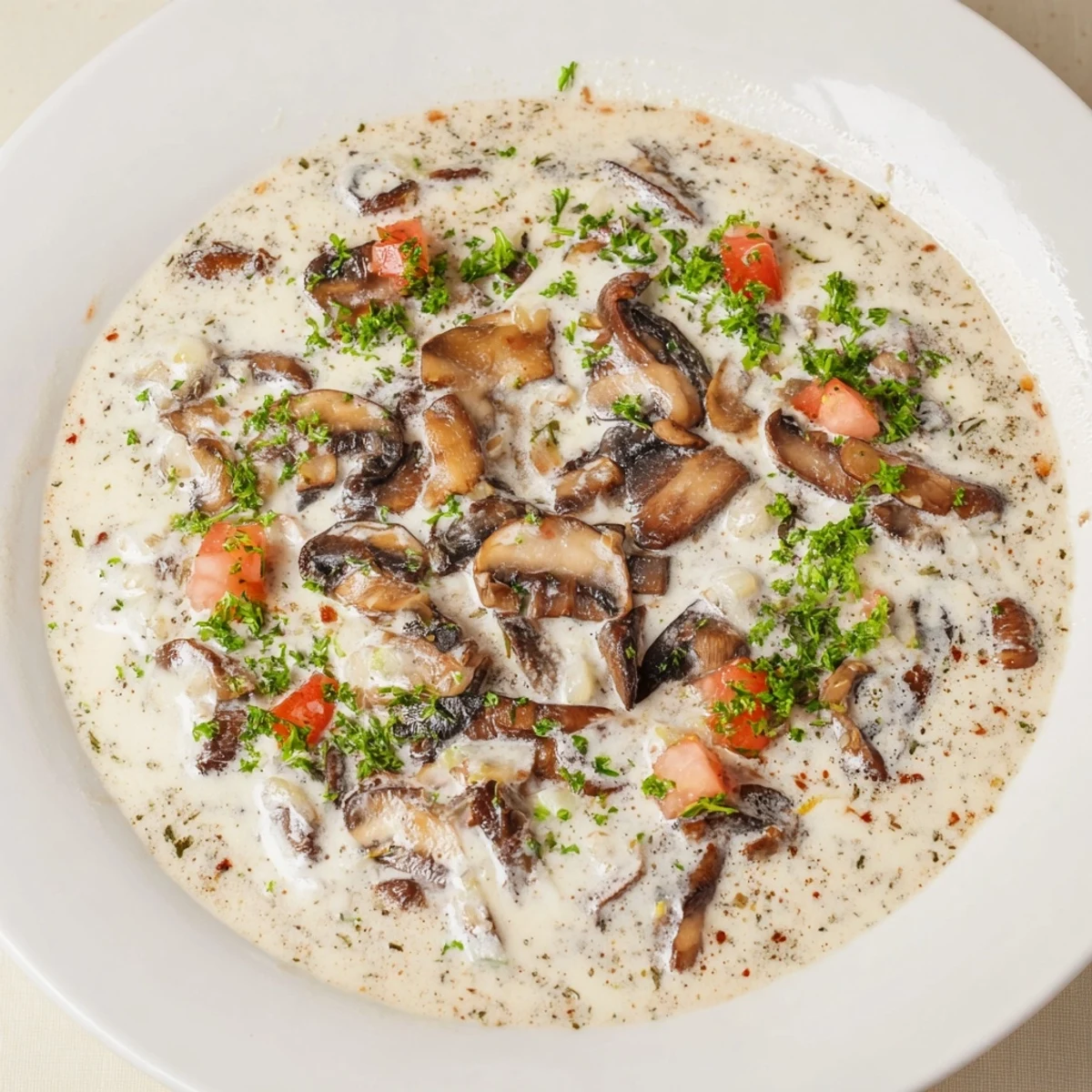 Earthy, rich creamy mushroom sauce, perfect for steak, with fresh parsley garnish in the photo.