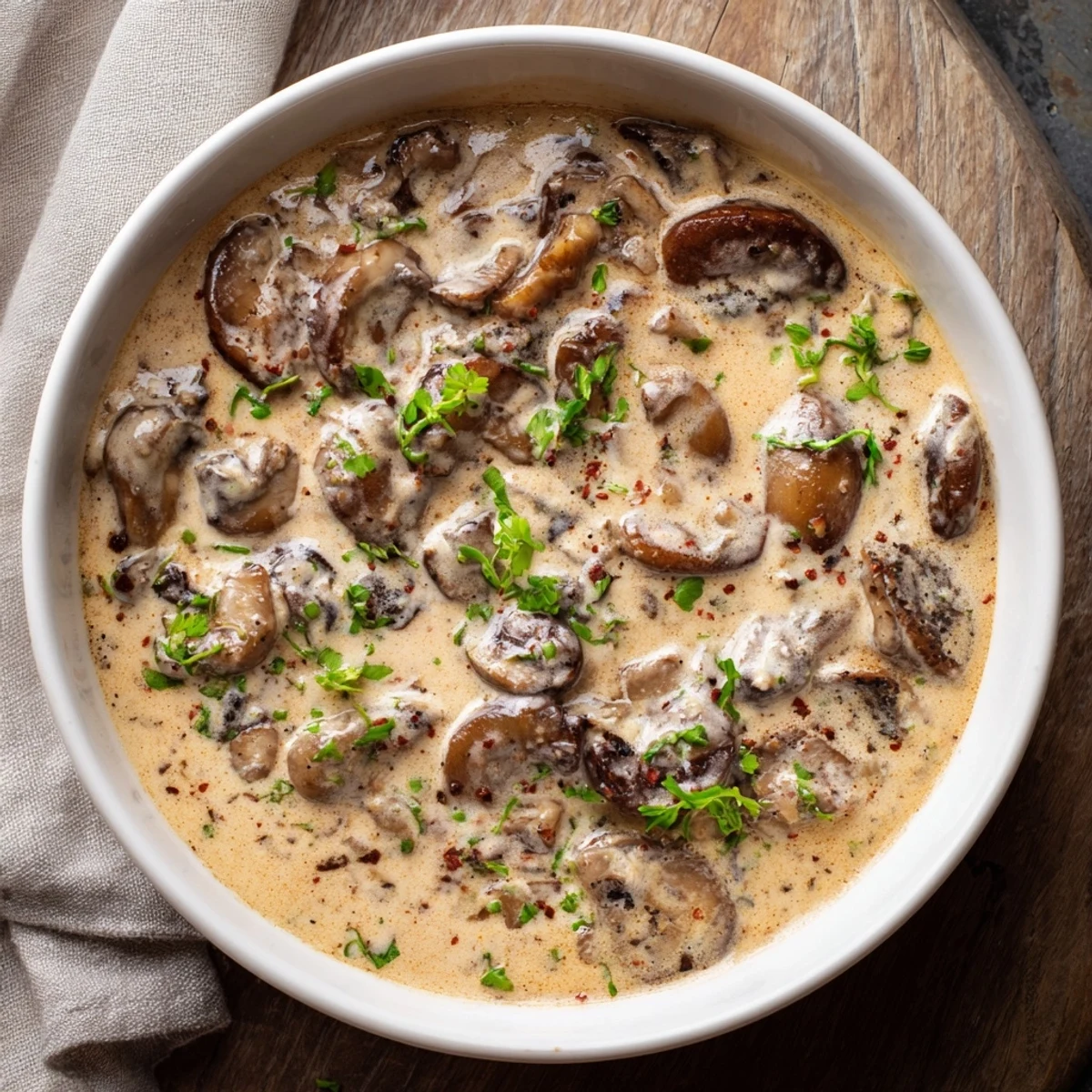 Homemade creamy mushroom sauce simmering gently in a skillet, ready for a delicious meal.