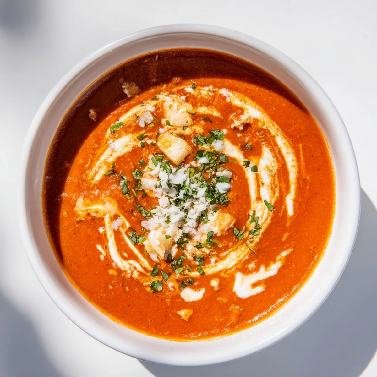 A steaming bowl of vibrant Spiced Tomato Soup garnished with fresh cilantro, ready to be enjoyed.