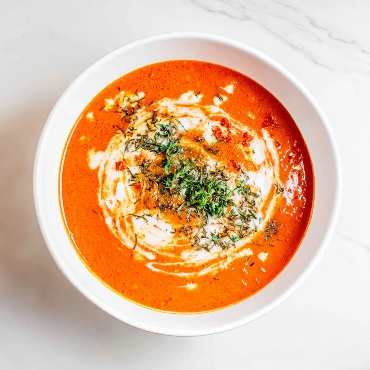 Rich, spiced tomato soup, a comforting vegetarian meal perfect with a swirl of cream.