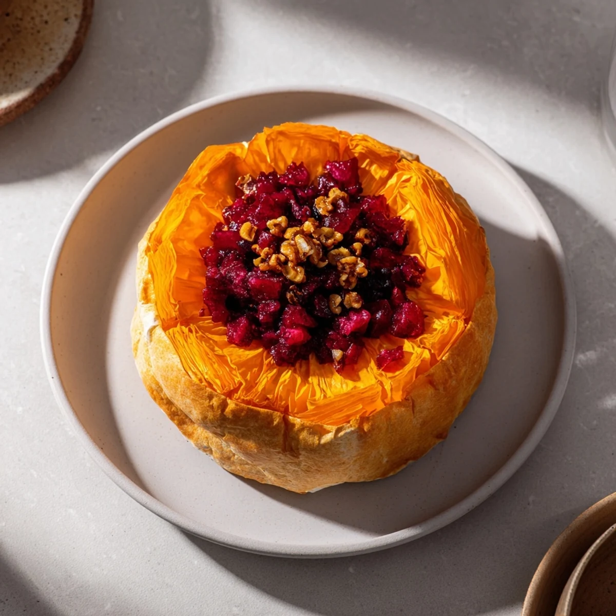 Appetizing photo of golden and crispy Baked Brie, oozing warm cheese, perfect for a party.