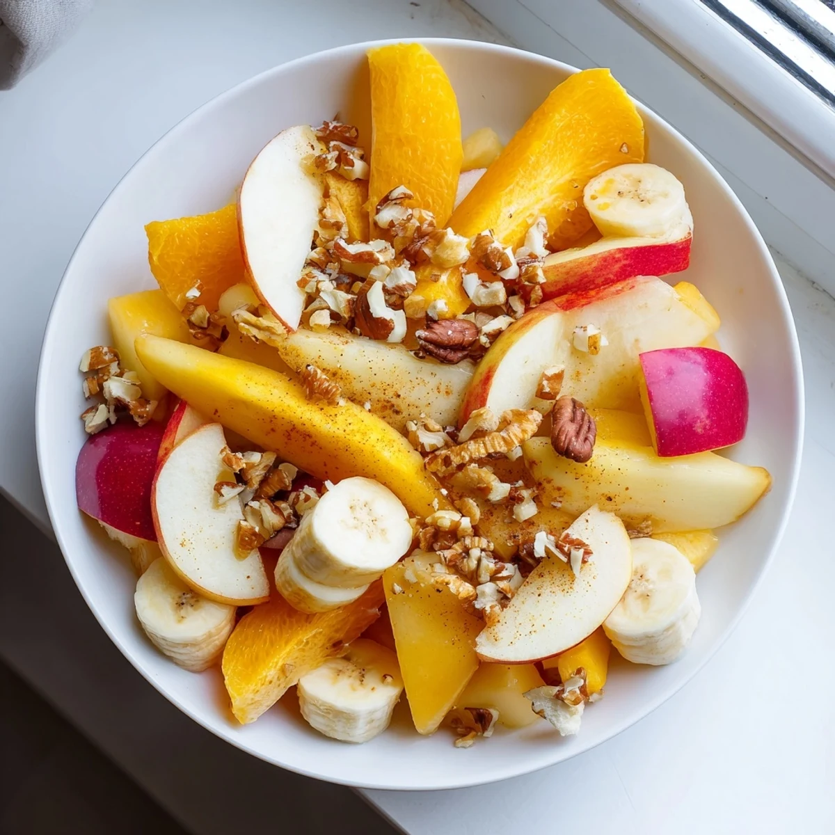A vibrant, fragrant bowl of warm fruit salad, served with toasted nuts and fresh mint.
