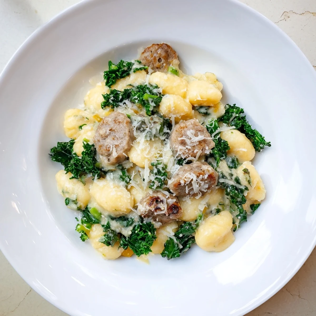 This vibrant photo shows creamy gnocchi with sausage and kale, an inviting, savory meal simmering.