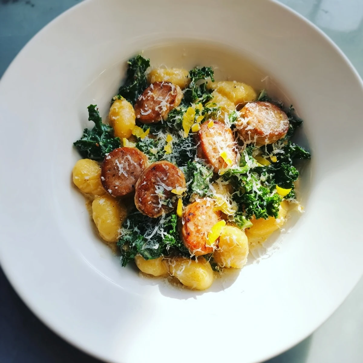 Beautifully plated creamy gnocchi with sausage and kale: soft gnocchi bathed in a rich, creamy sauce.