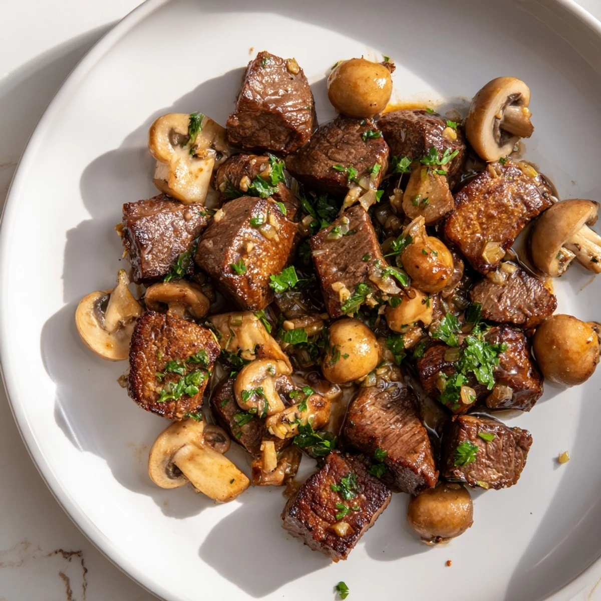 Juicy Garlic Butter Steak Bites with golden mushrooms, sizzling in a pan, ready to serve.