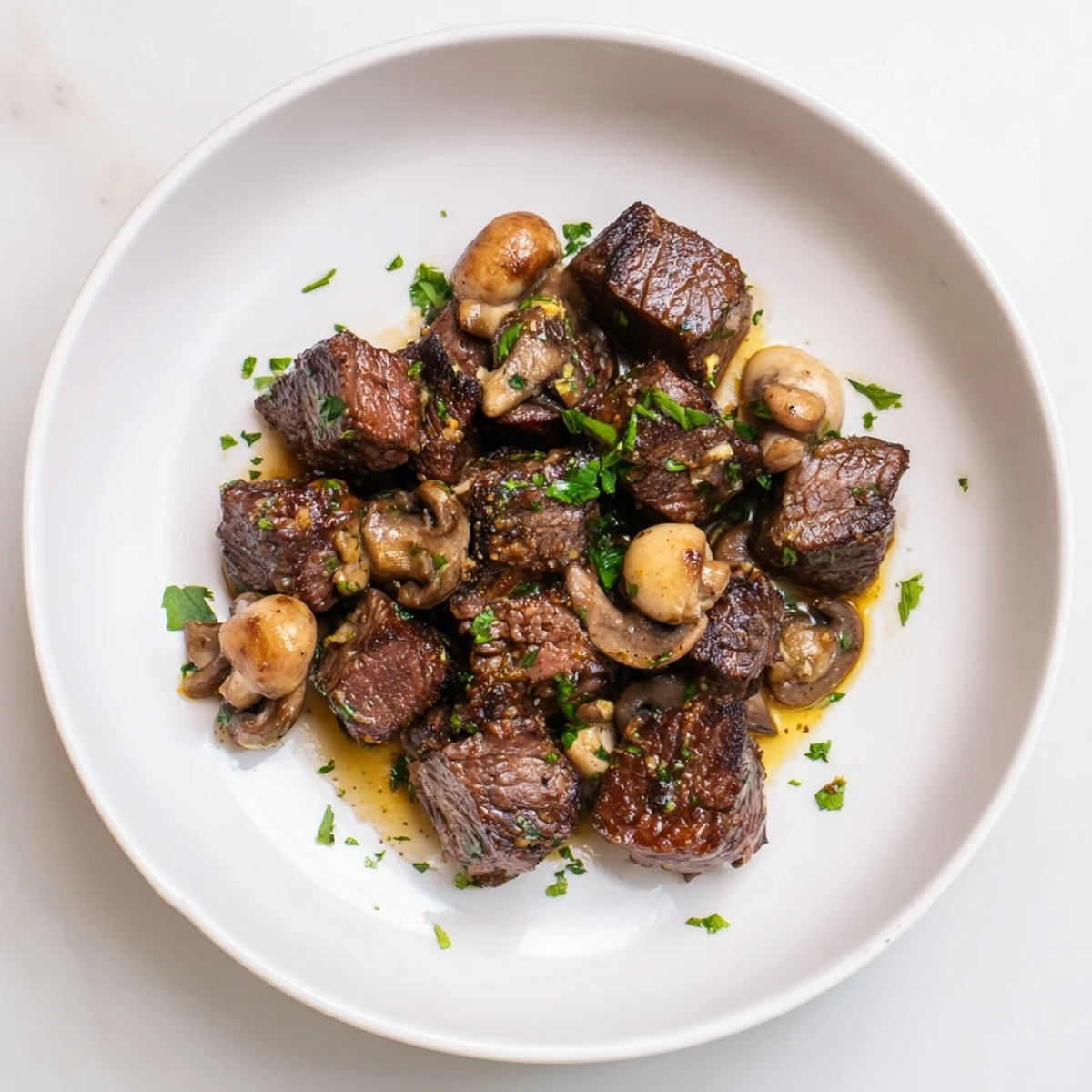 Delicious, tender Garlic Butter Steak Bites with garlic butter coating and herbs, a fantastic dinner.