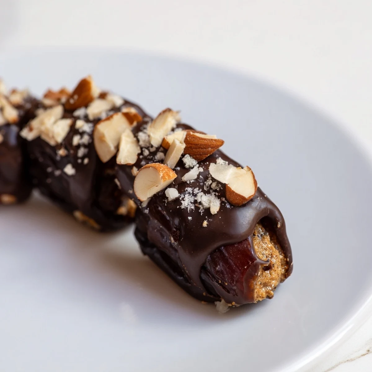 Image of glistening chocolate covered dates stuffed with creamy almond butter, a perfect dessert.