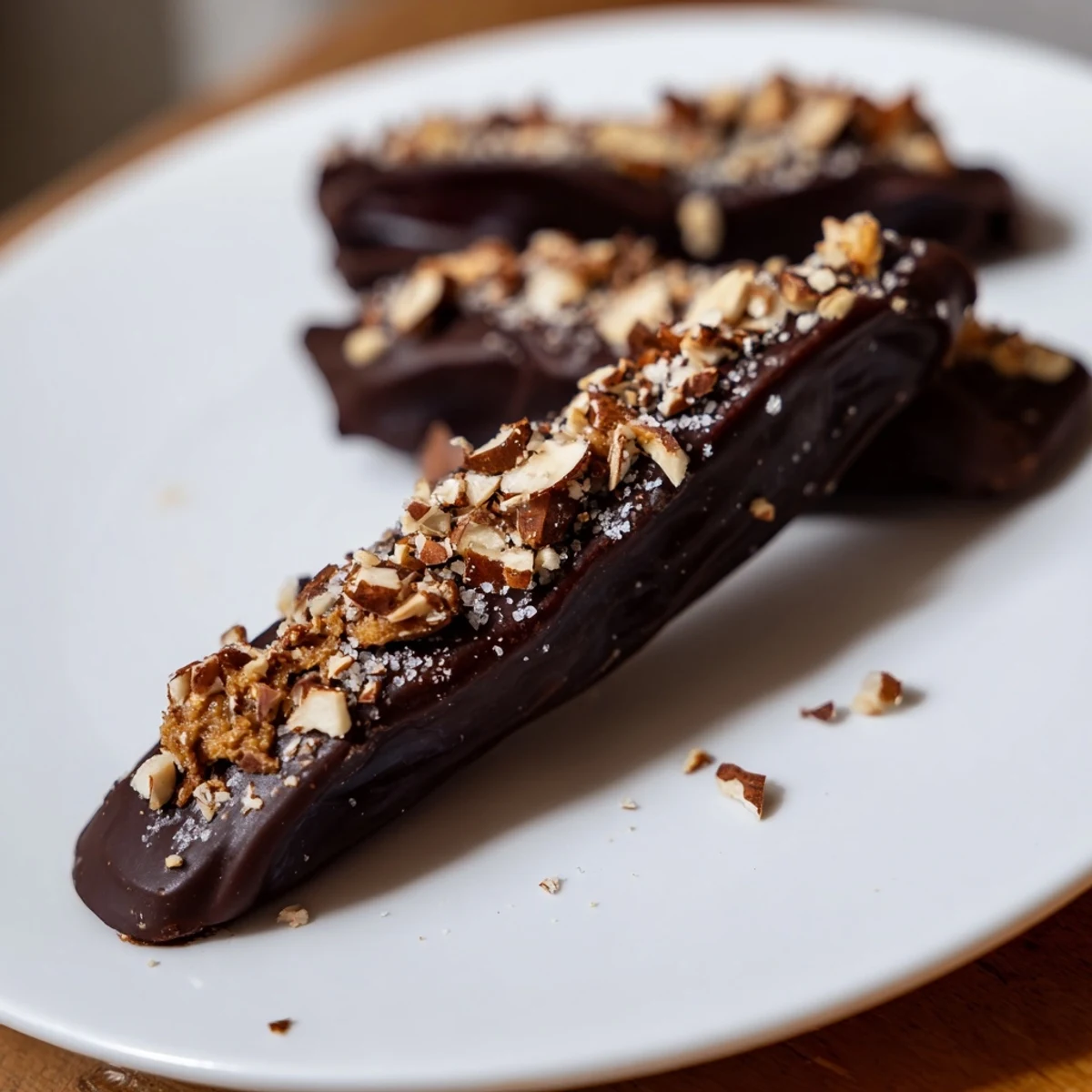 Dark chocolate covers each almond butter filled chocolate covered date; a delicious and easy no-bake snack.