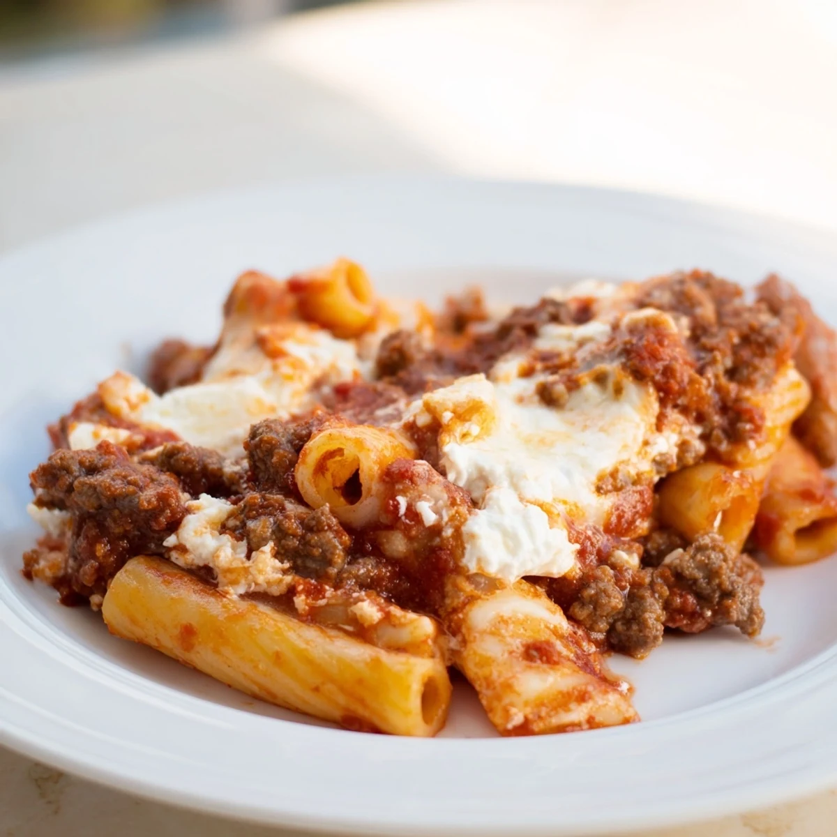 Baked ziti with bubbling mozzarella, rich marinara, and a golden, bubbly cheese top ready to serve.