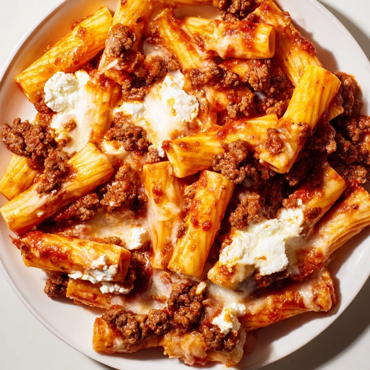 A hearty, close-up shot of Baked Ziti with ground beef, smelling of savory herbs and melted cheese.