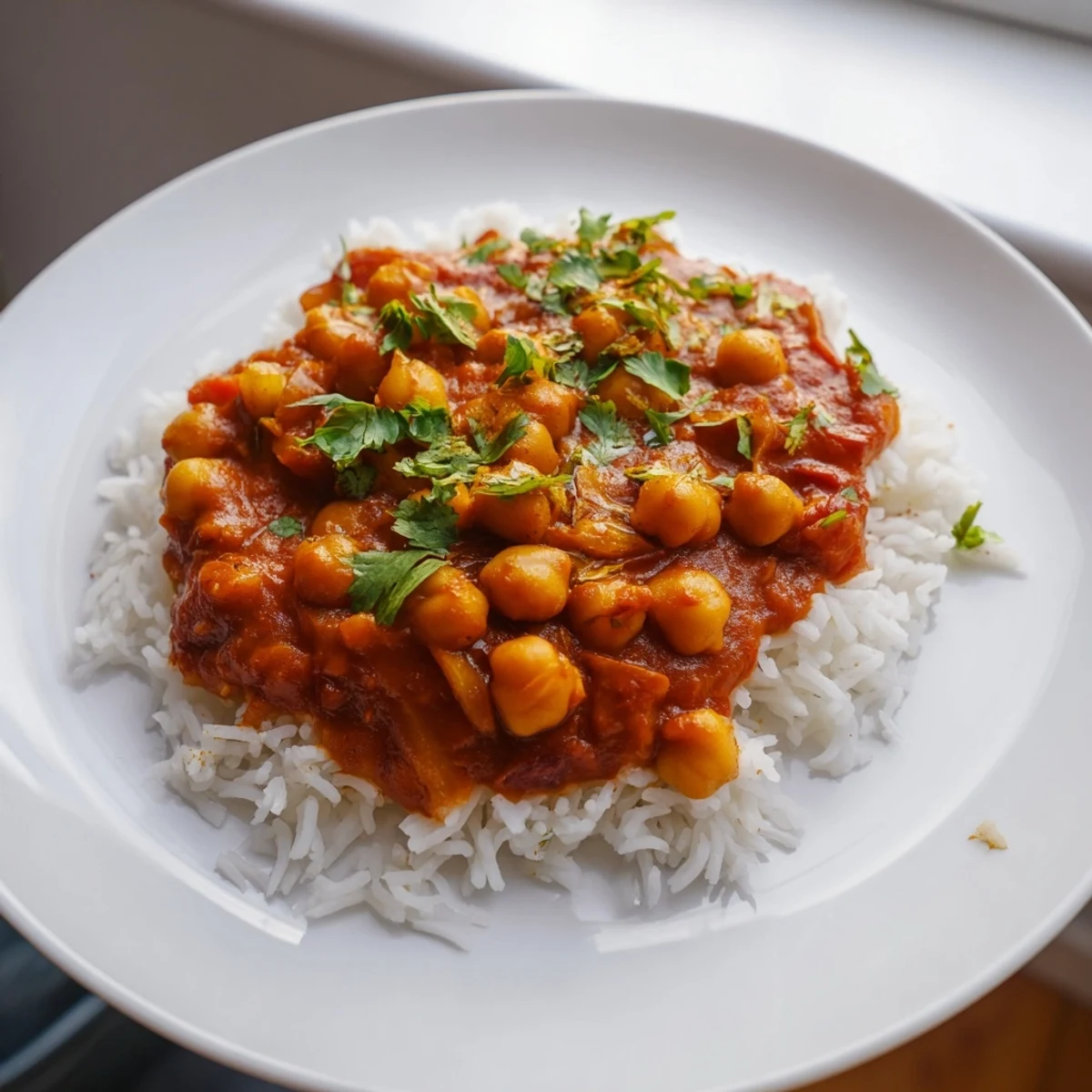 Creamy and aromatic Vegan Chickpea Tikka Masala, a delicious Indian vegan main course with fluffy rice.