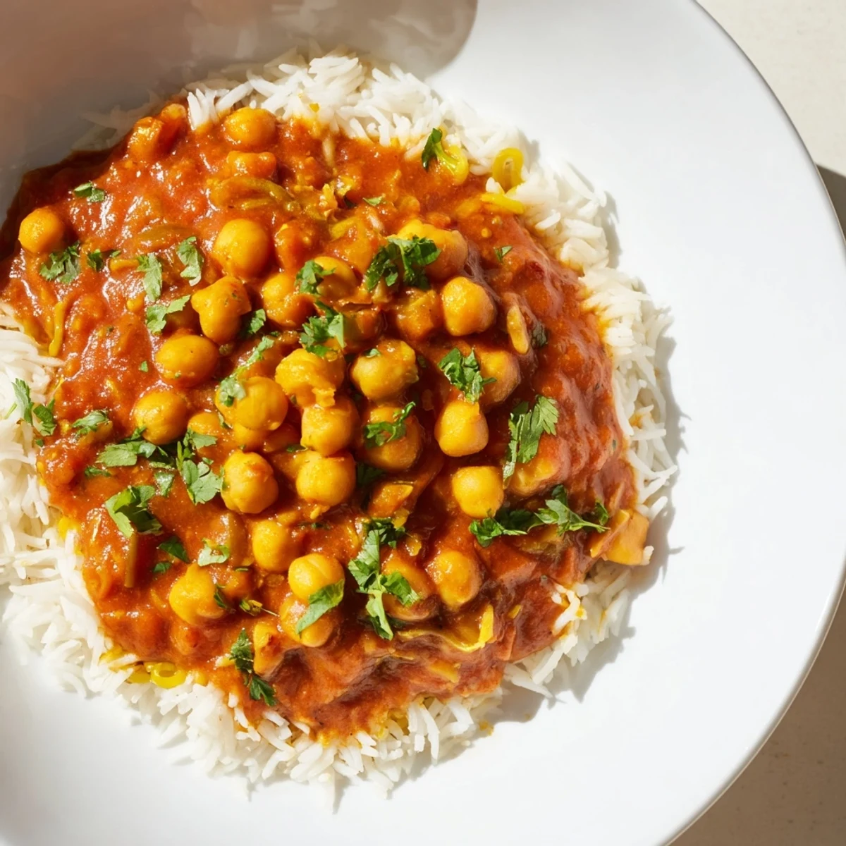 Bright red Vegan Chickpea Tikka Masala, featuring tender chickpeas in a spiced tomato sauce, ready to serve.