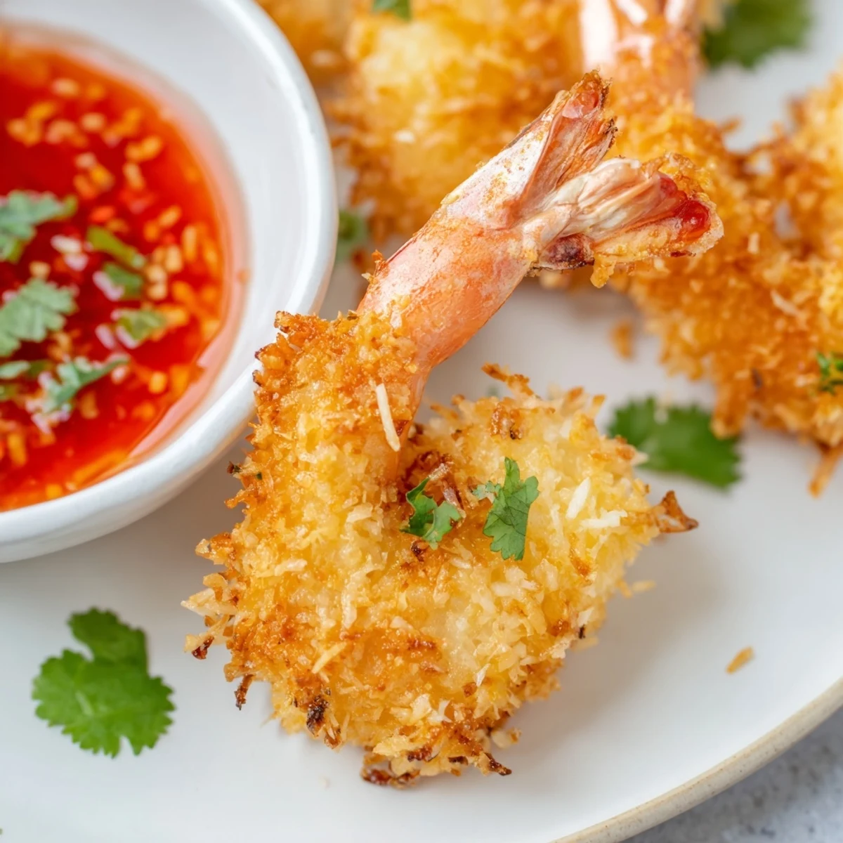 Golden-brown crispy coconut shrimp, ready to dip in sweet chili sauce for delicious flavor.