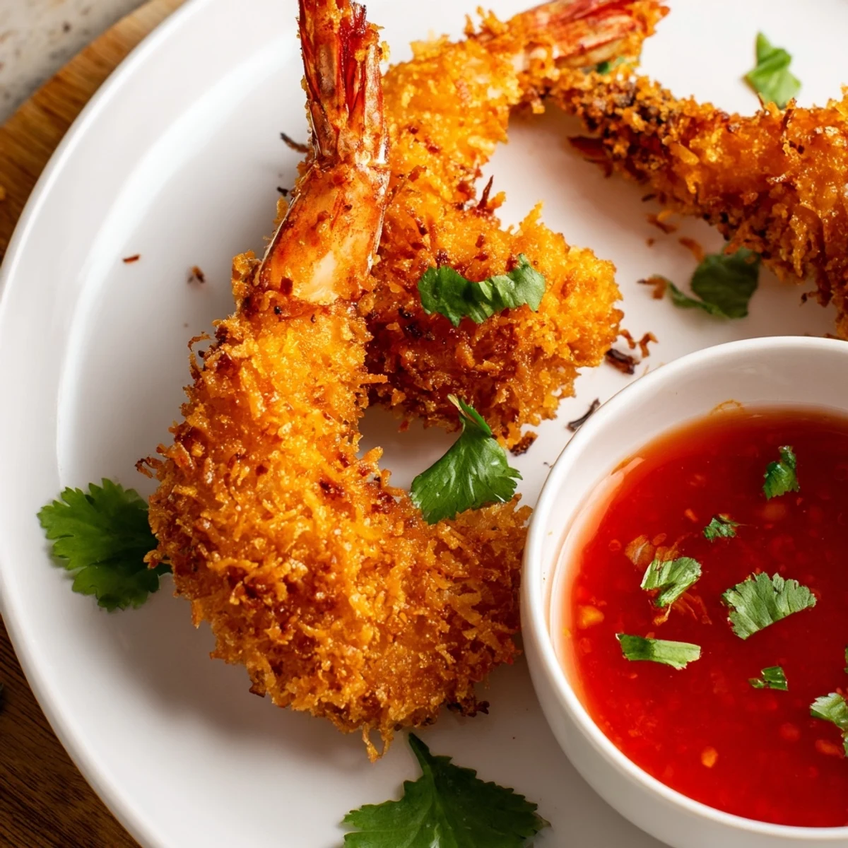 Freshly fried crispy coconut shrimp, perfectly crunchy next to a vibrant, zesty sweet chili dip.