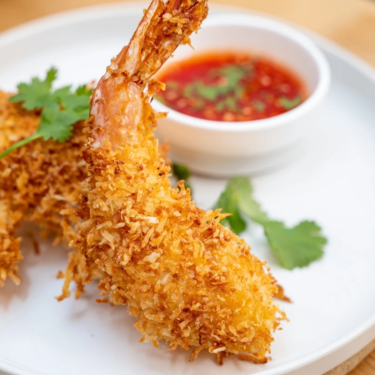 Close-up of the delicious crispy coconut shrimp, displaying its golden crust alongside sweet chili.
