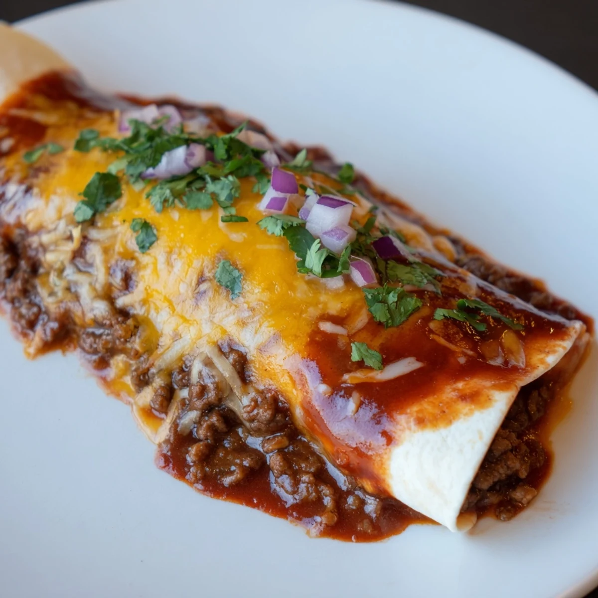 A close-up shot of homemade Beef Enchiladas, vibrant red sauce, with a sprinkle of fresh cilantro.