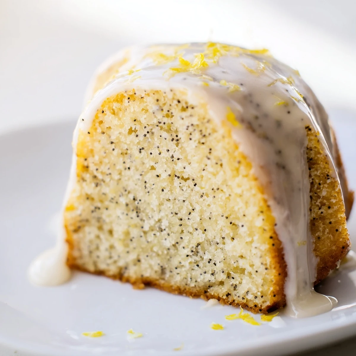 A close-up shot of a golden-brown Lemon Poppy Seed Bundt Cake with a glistening lemon glaze.