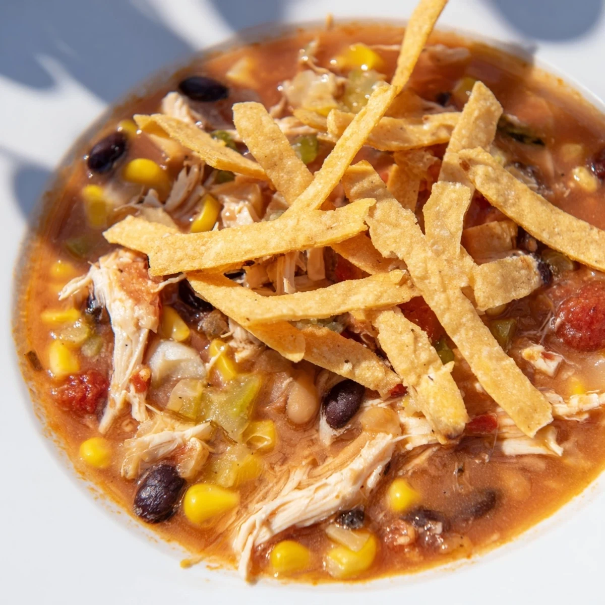 A steaming bowl of Chicken Tortilla Soup topped with crunchy tortilla strips, ready to enjoy.
