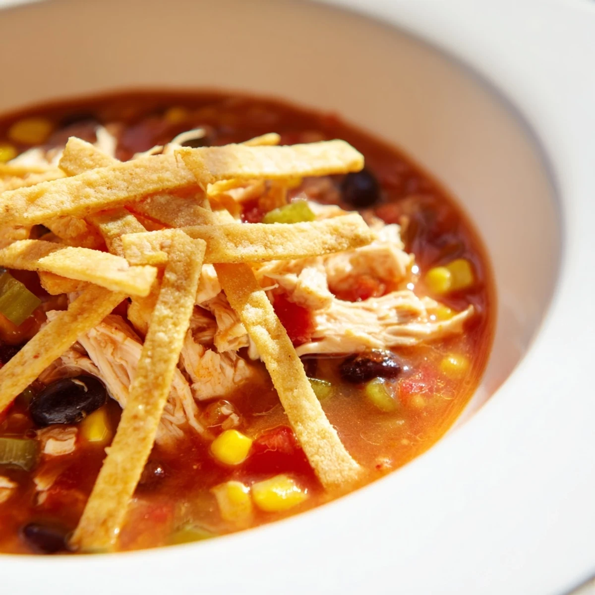 Enjoy a comforting view of flavorful Chicken Tortilla Soup with golden, crispy tortilla strips.