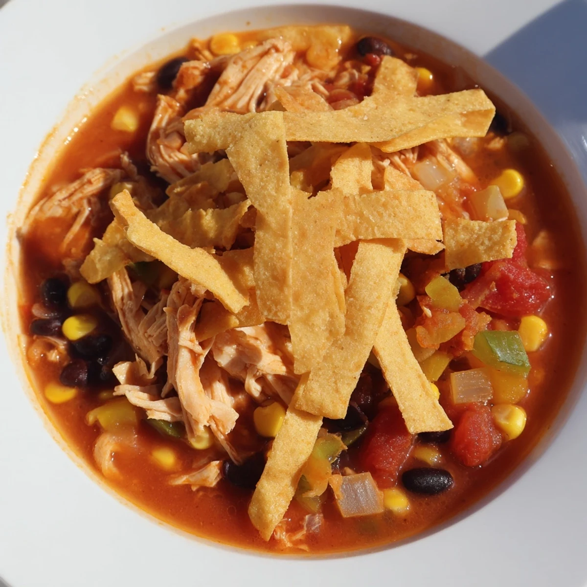 Close-up of hearty Chicken Tortilla Soup, showcasing the toppings and crispy strips for a delicious meal.