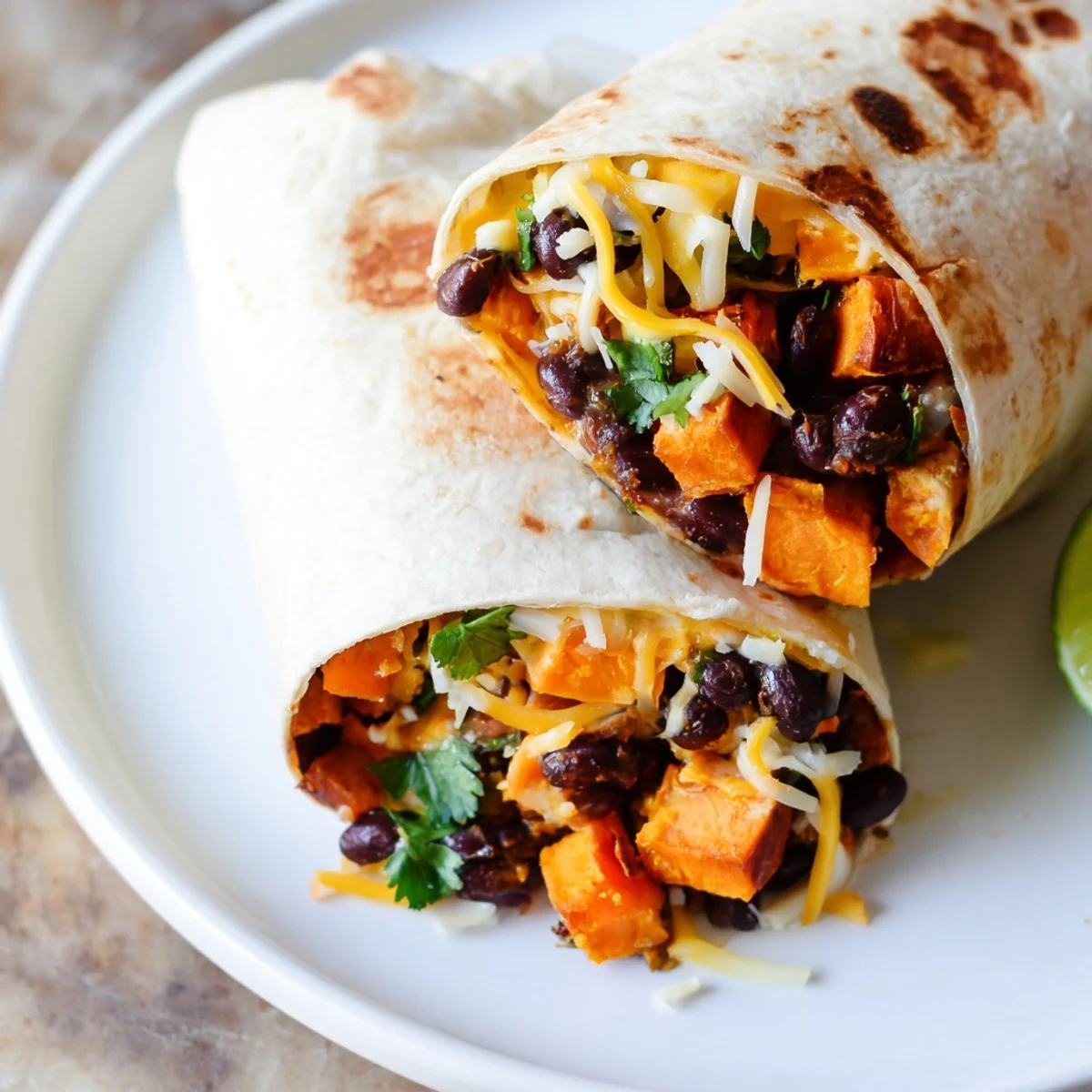 A close-up shot of a delicious, loaded roasted sweet potato and black bean burrito, fresh from the skillet.