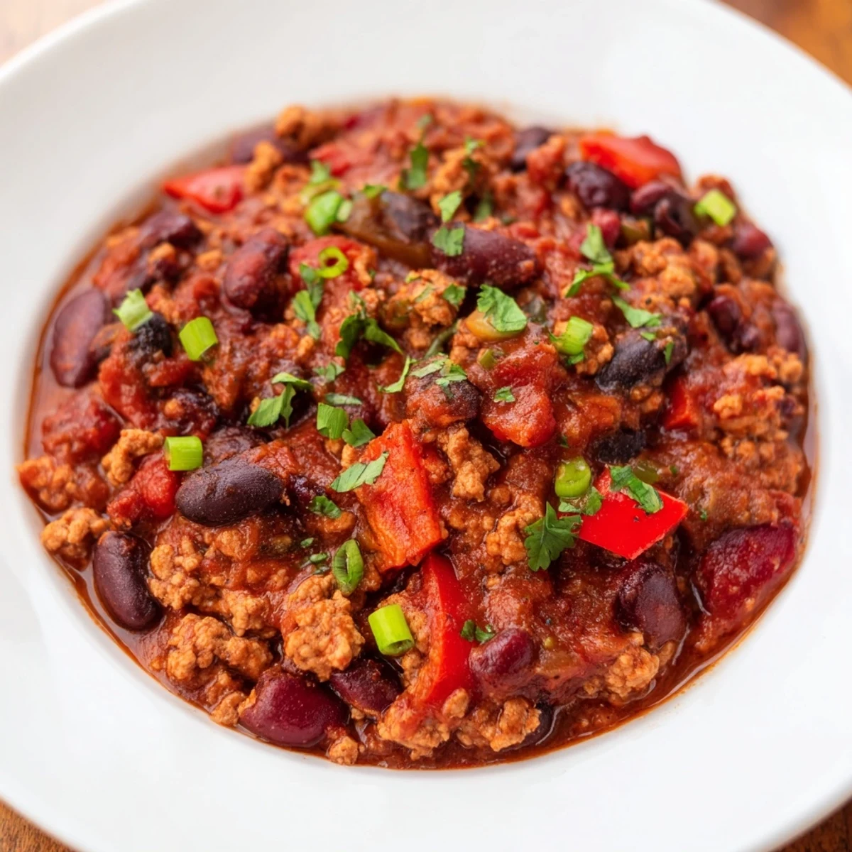 A steaming bowl of turkey chili with beans, garnished and ready to be enjoyed.