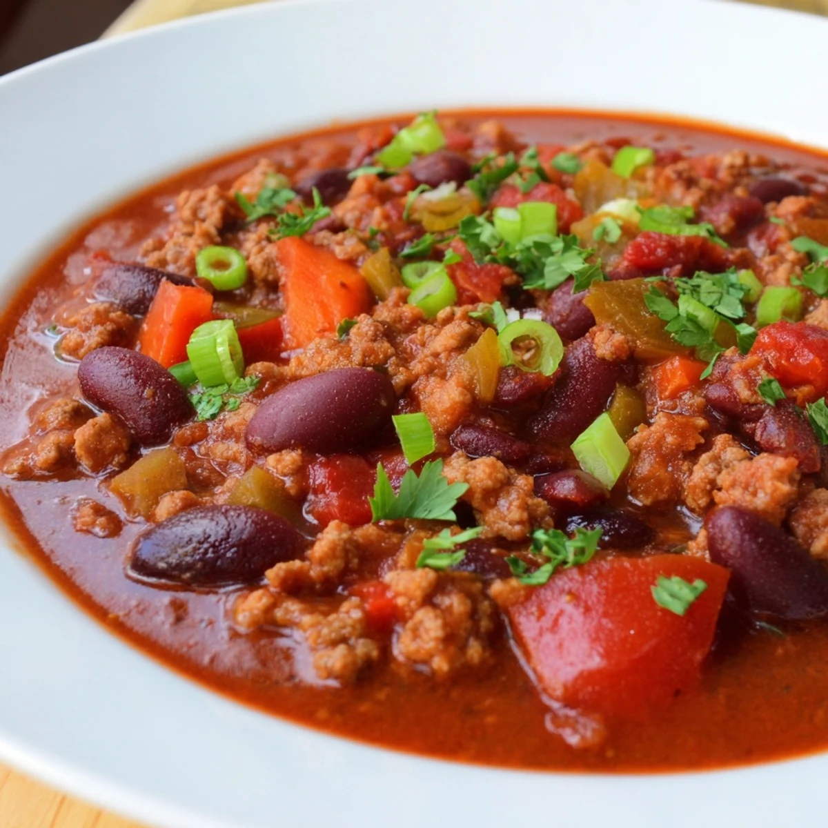 This rustic, hearty turkey chili with beans features a rich tomato and spice aroma.