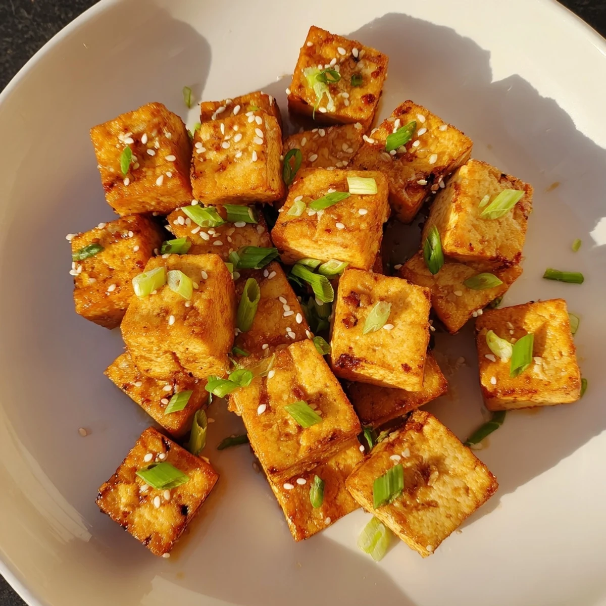 Golden, crispy air fryer tofu: a delicious vegan main dish with seasoned, perfectly cooked cubes.