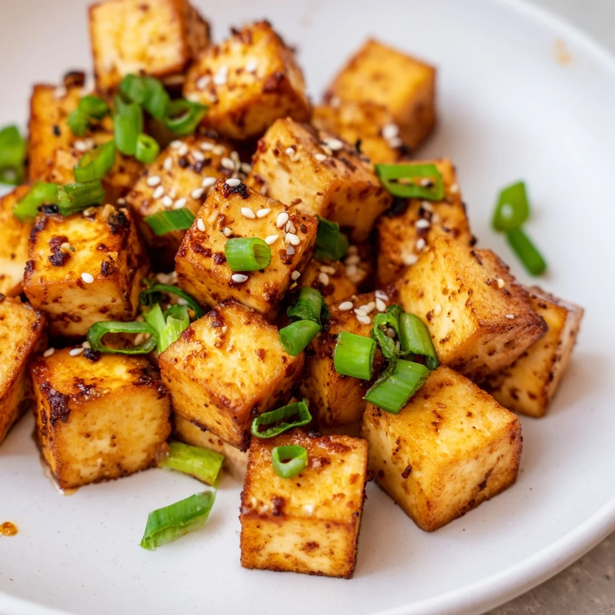 Air fryer tofu, with a savory, spiced coating, ready to enjoy as a flavorful appetizer option.