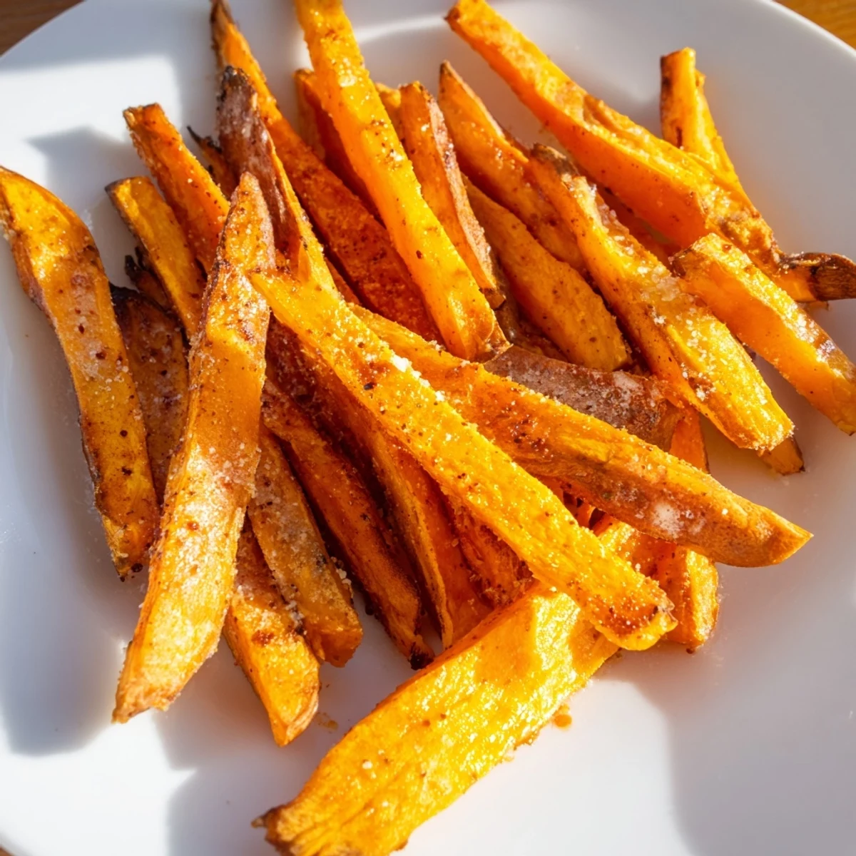Golden, crispy roasted sweet potato fries, seasoned with paprika, pepper, and ready for dipping.