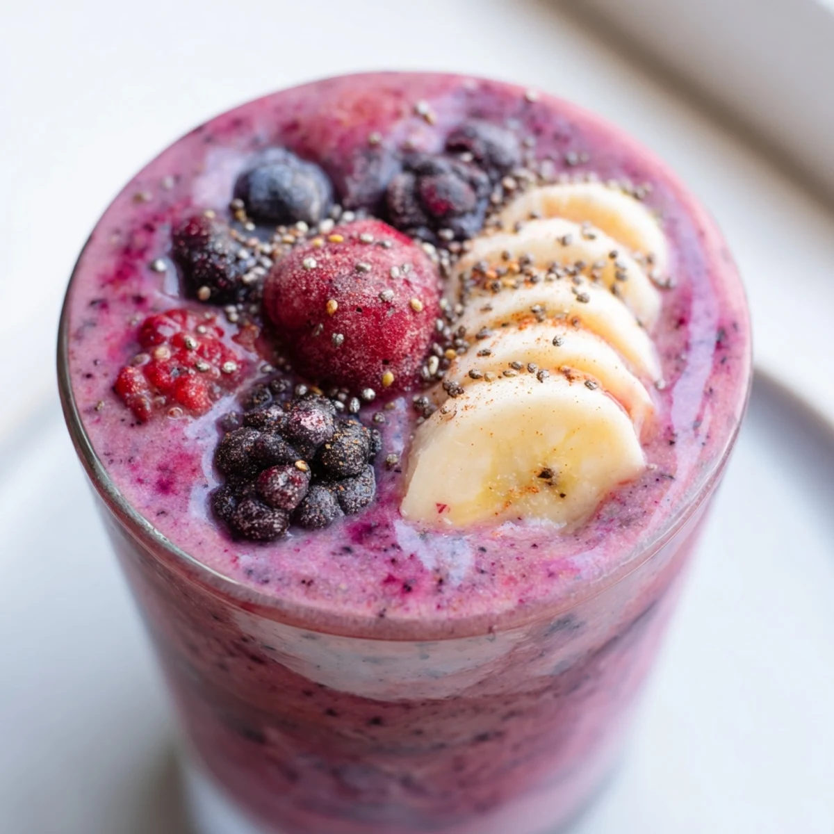 This healthy Winter Berry Smoothie features frozen berries, served in a tall glass with cinnamon.