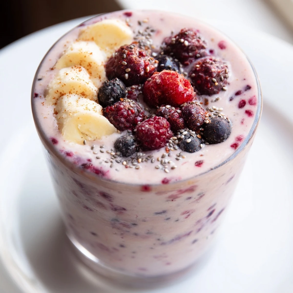 A creamy Winter Berry Smoothie, blended to a vibrant pink hue, ready to refresh.