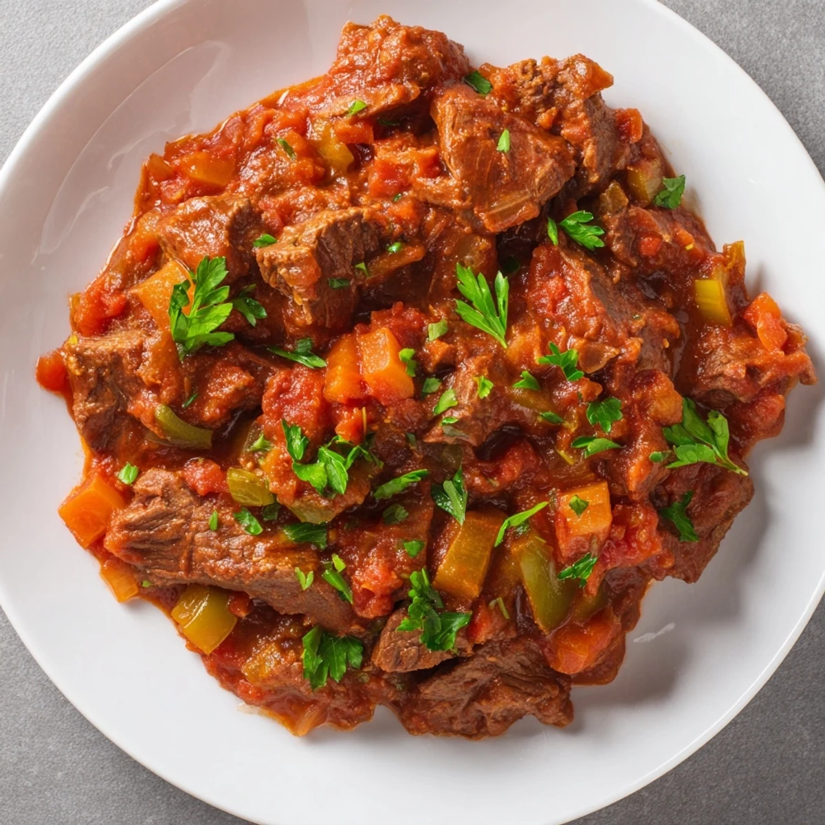 A flavorful close-up of slow cooker beef ragu, ready to be served over creamy polenta.