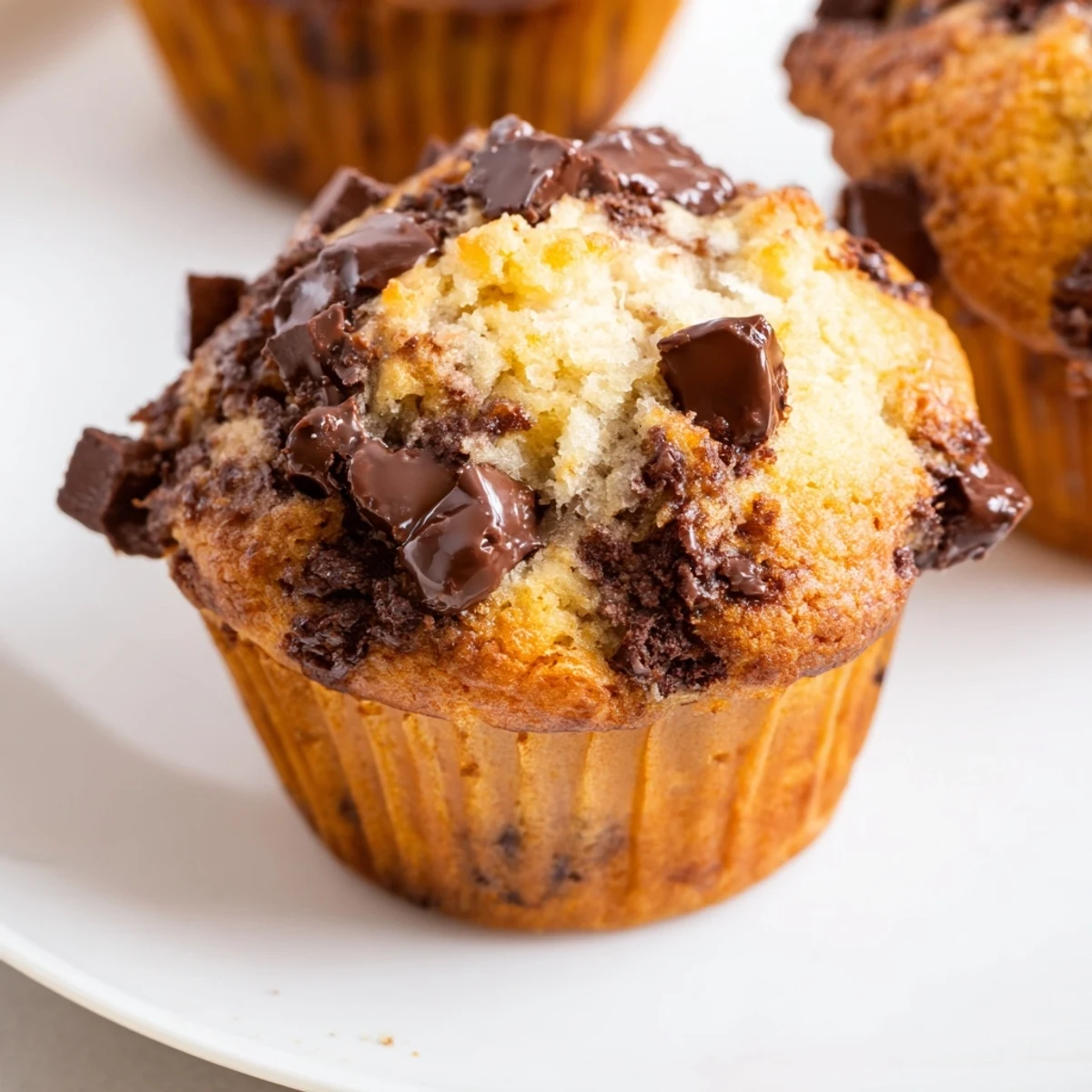 Warm, freshly baked chocolate chip muffins, golden brown with melting chocolate, perfect for breakfast.