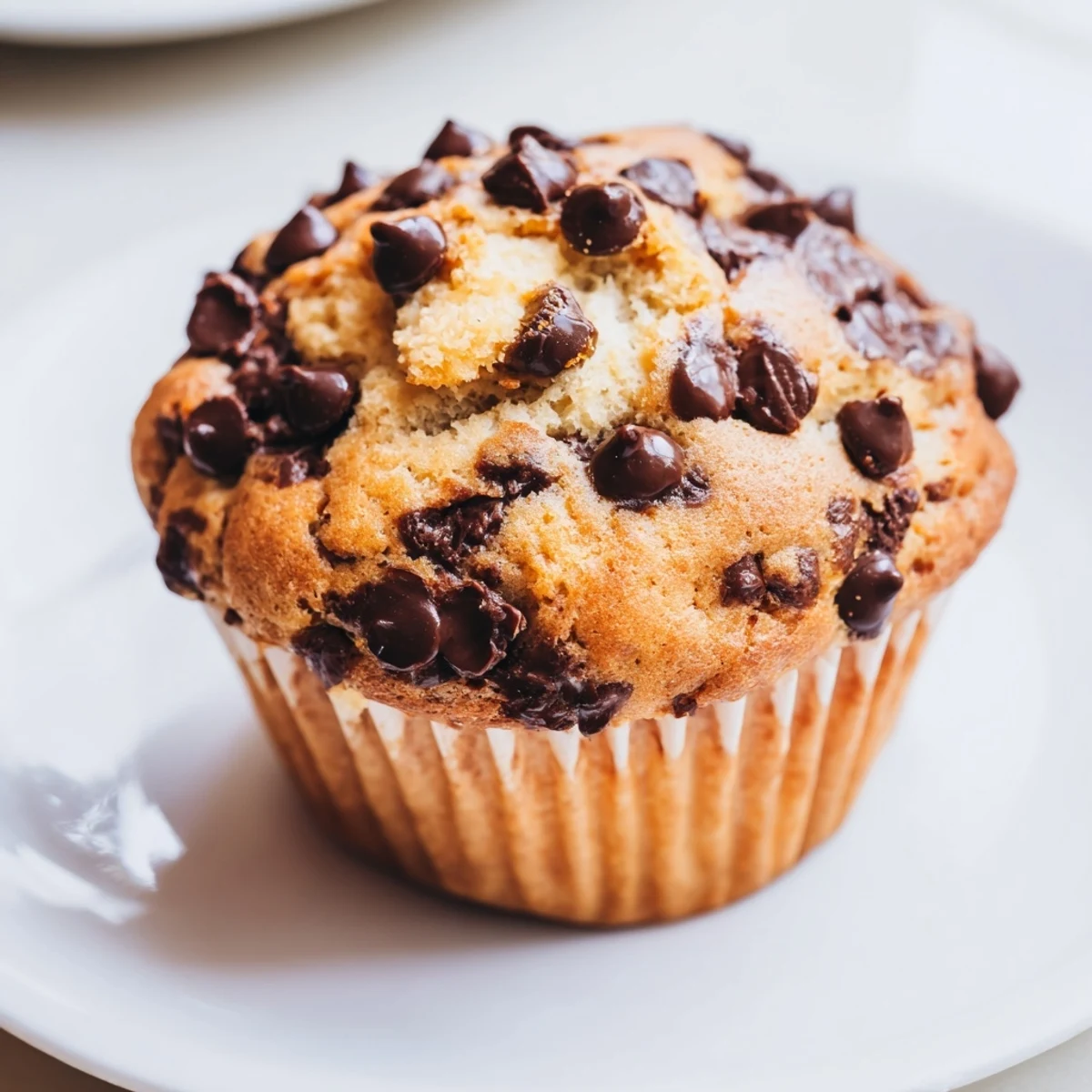 A close-up of delicious chocolate chip muffins, with glistening chocolate chips hinting at a sweet bite.