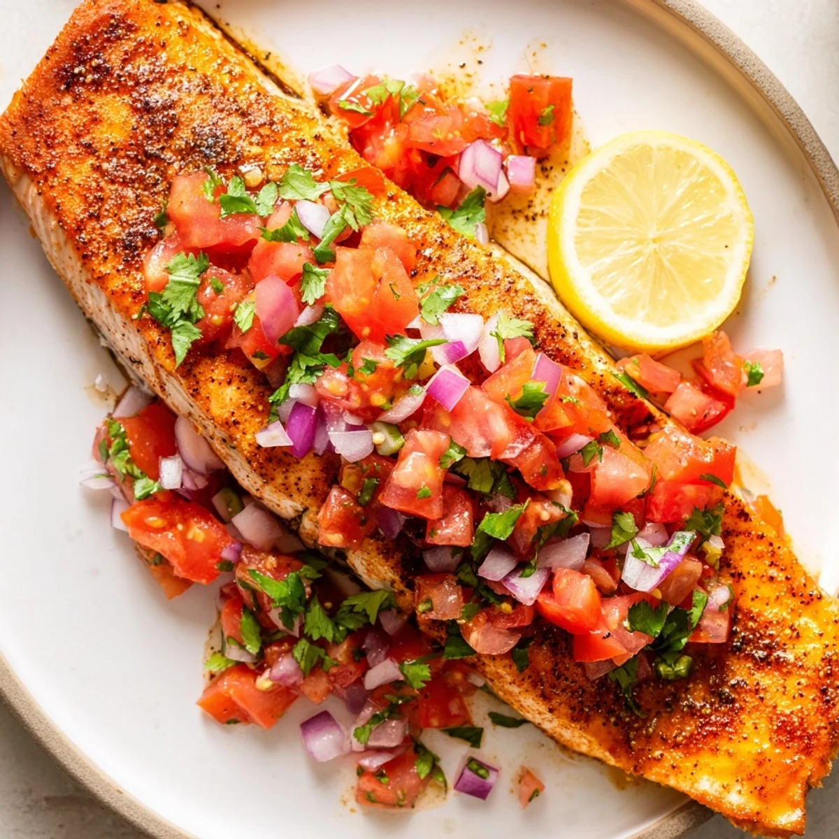 Oven-baked salmon topped with a colorful, zesty salsa; imagine the textures and bright flavors.