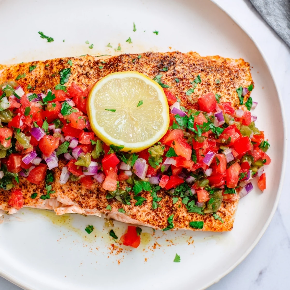 Juicy baked salmon fillets glistening, served with a chunky salsa, perfect for a light meal.