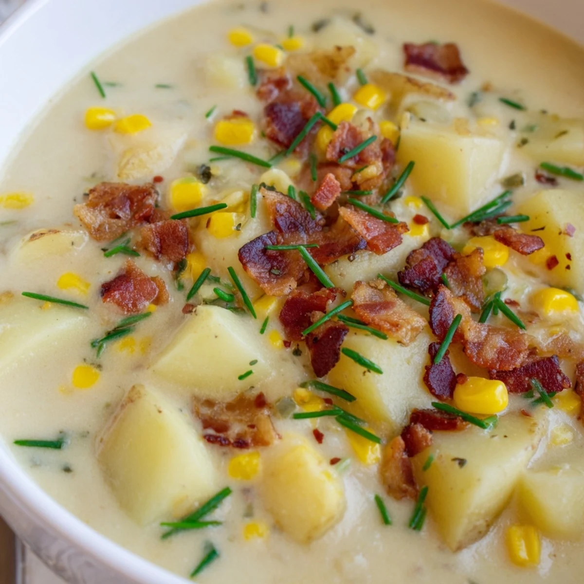 A steaming bowl of creamy corn chowder garnished with fresh chives, ready to eat.