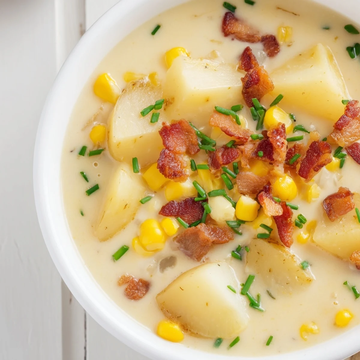 Thick and creamy corn chowder featuring sweet corn, potatoes, and smoky bacon crumbles.