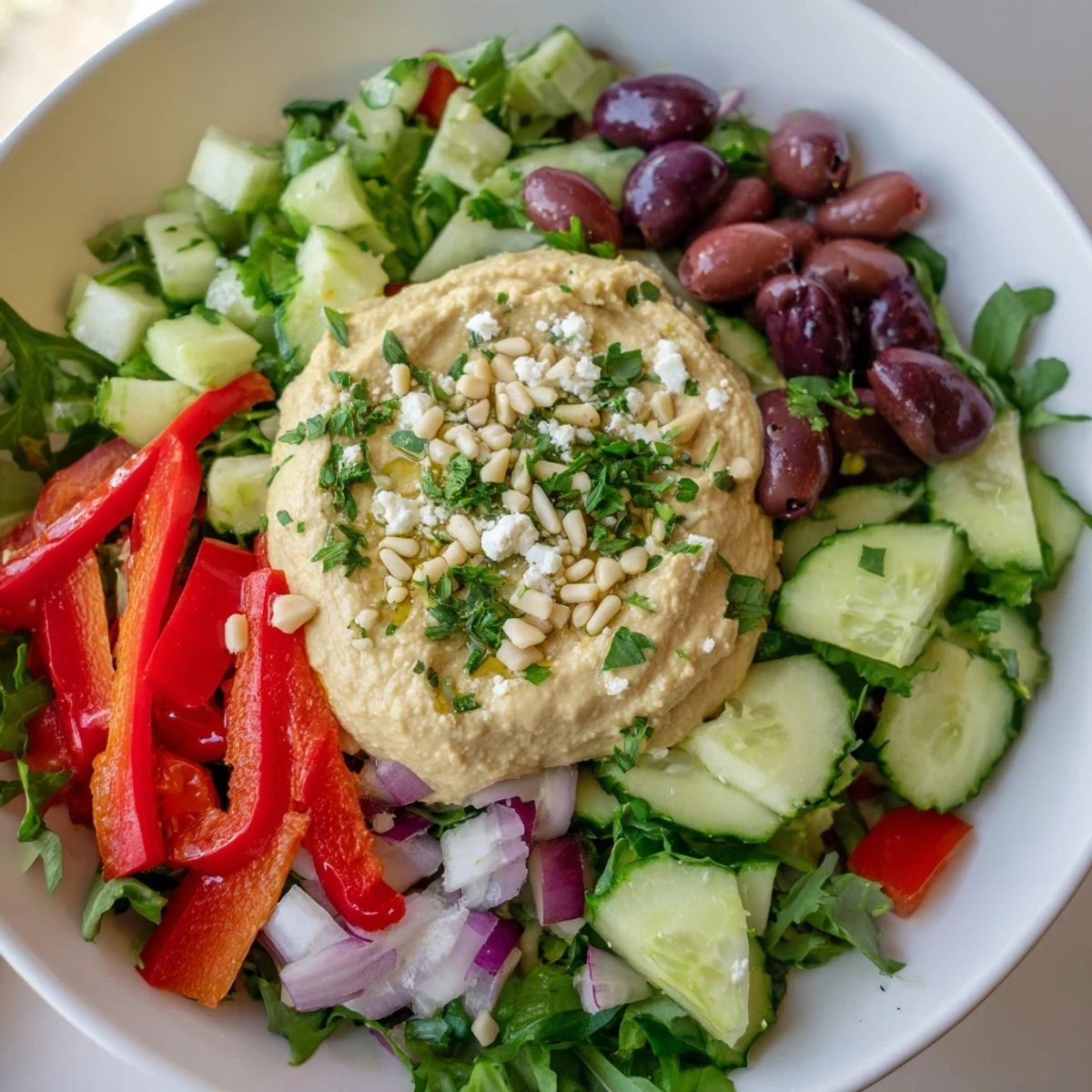 Fresh, vibrant Mediterranean Salad with Hummus, a delicious vegetarian meal served in a bowl.