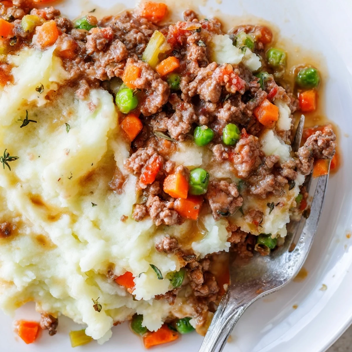 Golden-brown Beef Shepherds Pie with Cauliflower Mash Topping is bubbling in a baking dish, garnished with fresh parsley.