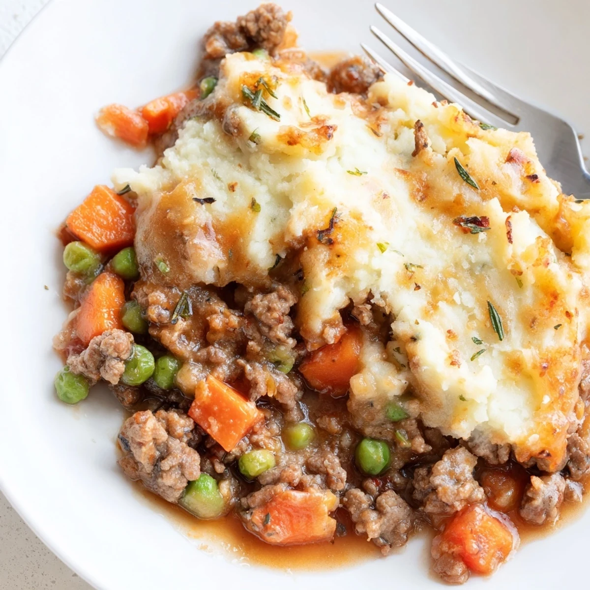 A hearty spoonful of Beef Shepherds Pie with Cauliflower Mash Topping reveals savory ground beef and peas.