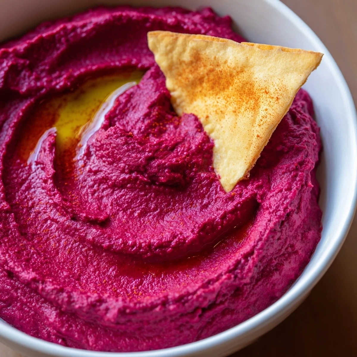 A bowl of vibrant Roasted Beet Hummus, garnished with olive oil, alongside golden toasted pita chips for dipping.