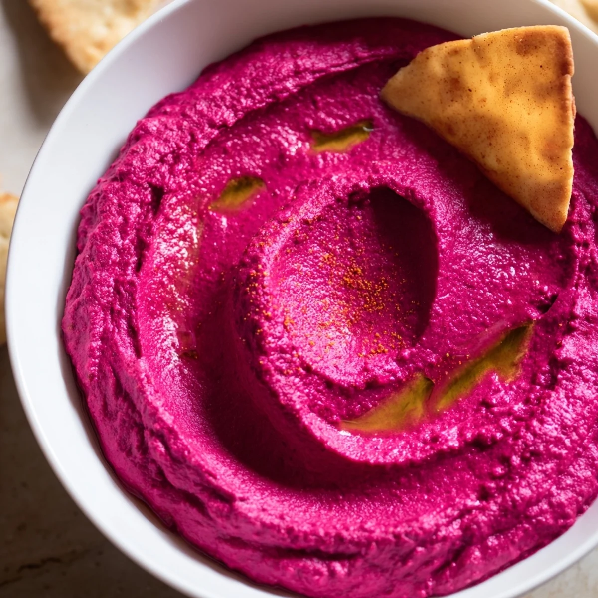 Homemade Roasted Beet Hummus with a velvety texture and crisp, golden-brown pita chips arranged on a wooden board.