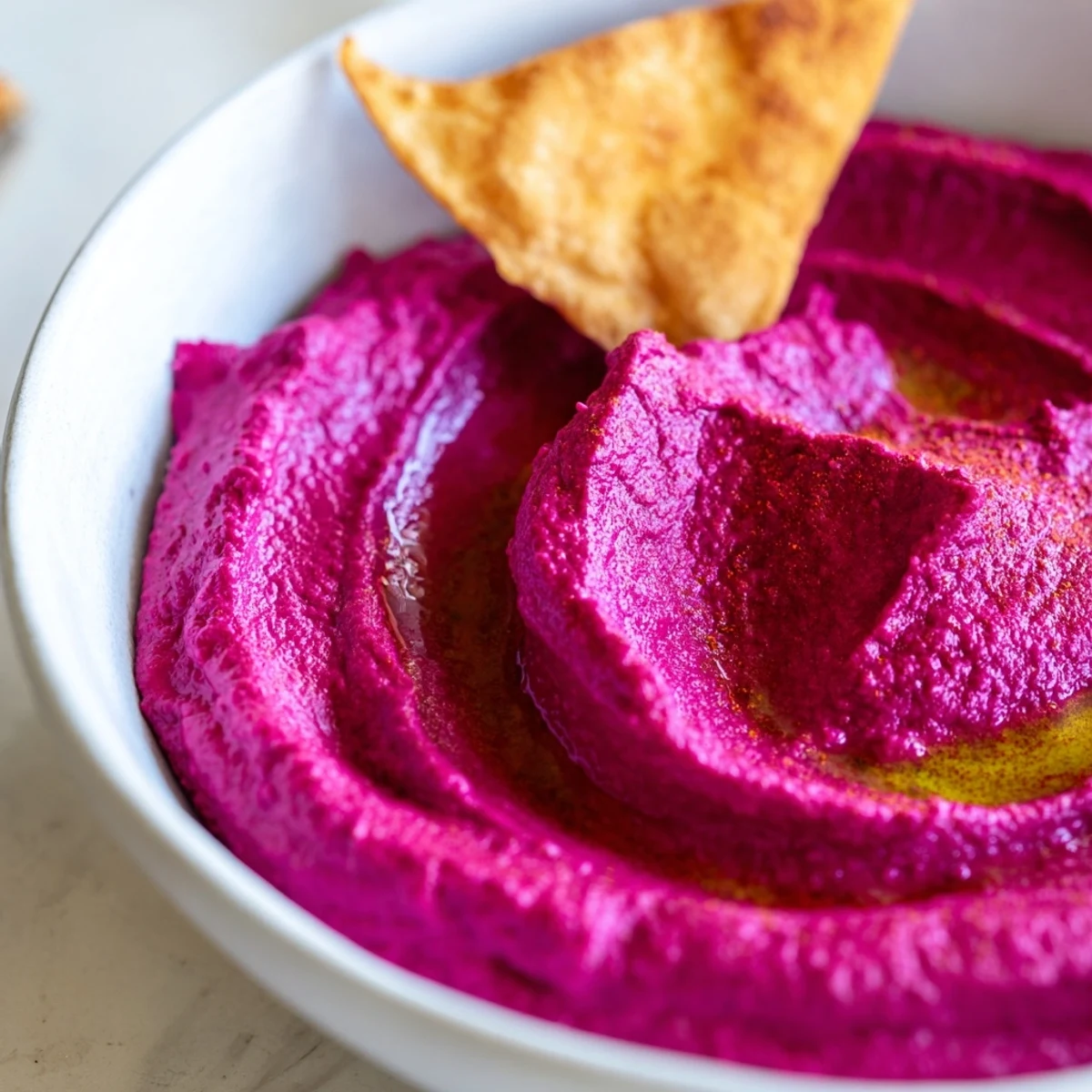 Creamy, bright pink Roasted Beet Hummus served in a rustic bowl with crunchy pita chips and fresh vegetables.