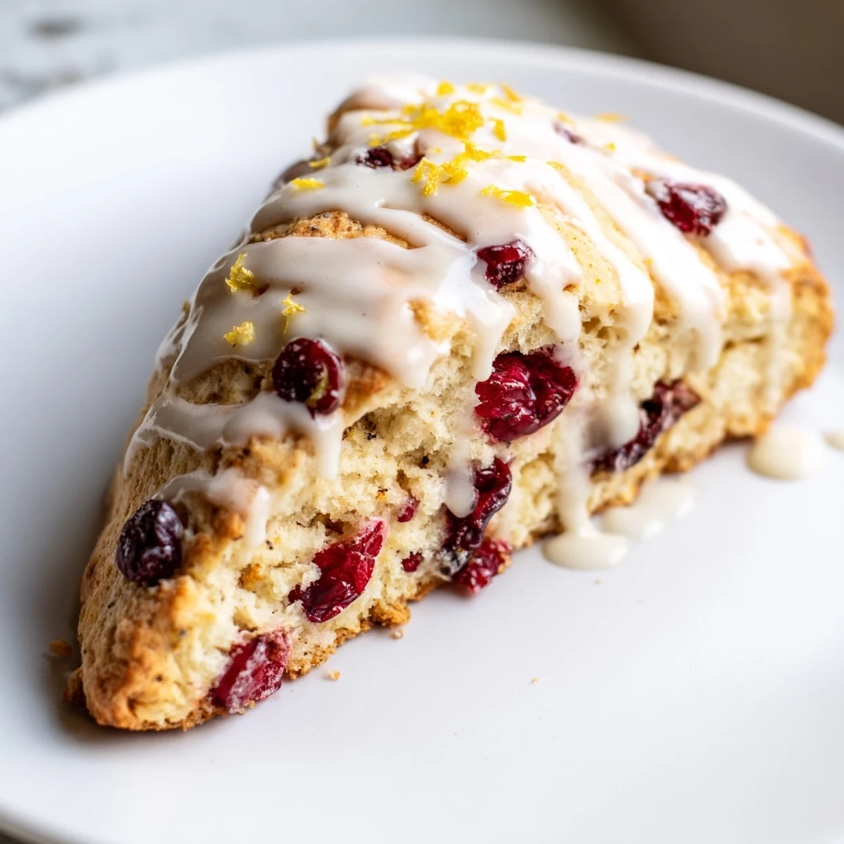 Freshly baked Cranberry Orange Scones with a glossy orange zest glaze on a rustic wooden serving board.